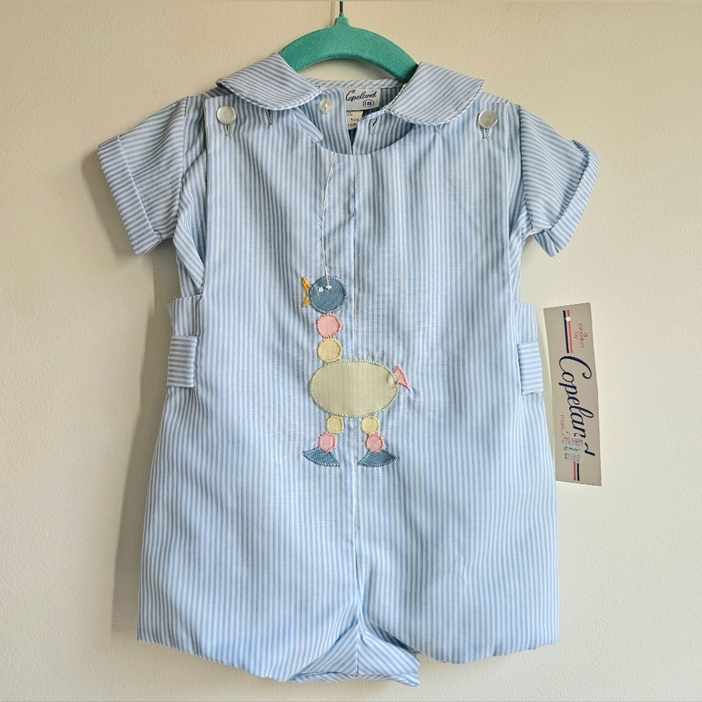 SOLD Vintage Jayne Copeland Boys Blue White Seersucker Romper Jon Jon Duck 18m